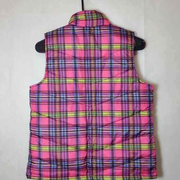 Caribbean Joe Petite Retro Rainbow Plaid Funky Colorful Women's Neon Puffer Vest - Picture 6 of 7